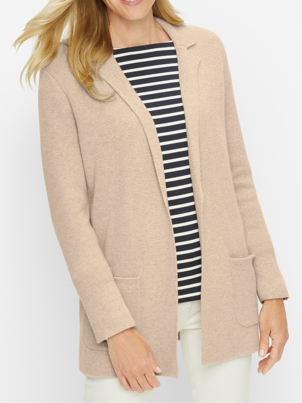 Talbots Notch Collar Sweater Blazer Wool Blend Knit Open Front Size M Oatmeal